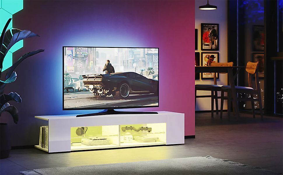 SONNI TV-Schrank TV Lowboard Breite 135cm Weiß Hochglanz mit LED Beleuchtun günstig online kaufen