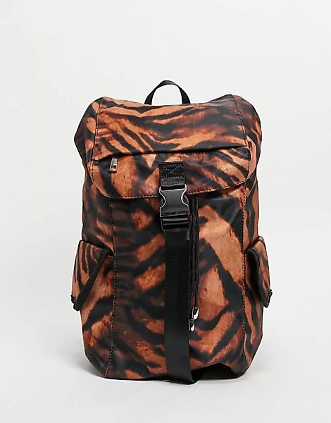 ASOS DESIGN – Rucksack mit Tigermuster aus Nylon mit seitlichen Taschen-Meh günstig online kaufen