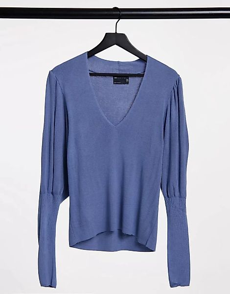 ASOS DESIGN – Blauer Pullover mit V-Ausschnitt und voluminösen Ärmeln günstig online kaufen