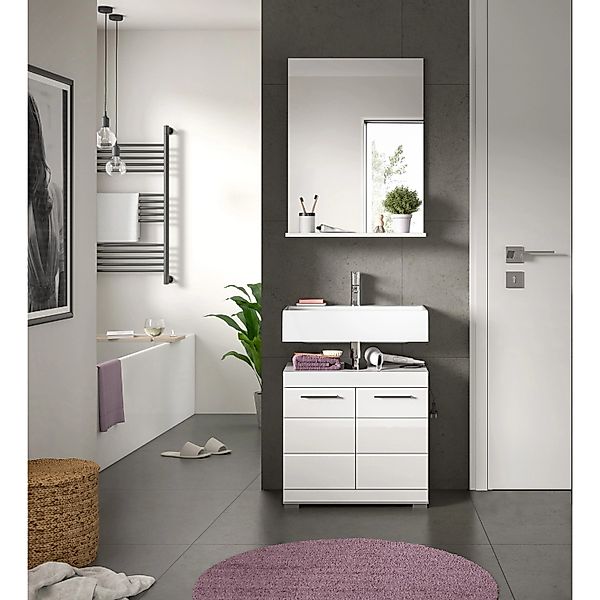 Badkombination mit Spiegel 60 cm x 191 cm x 34 cm Front Weiß Hochglanz FSC® günstig online kaufen