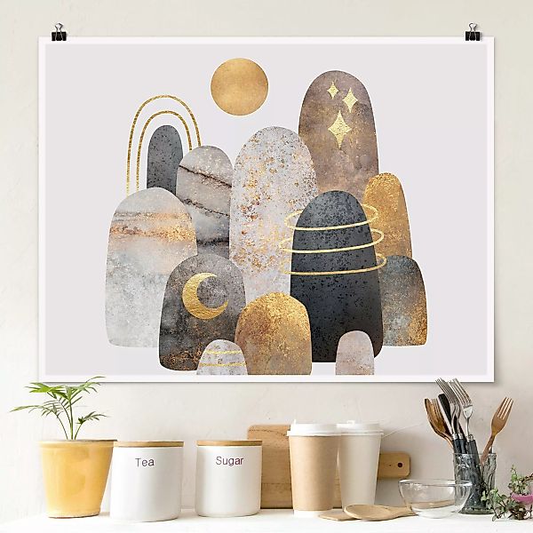 Poster Gold Berge mit Mond günstig online kaufen