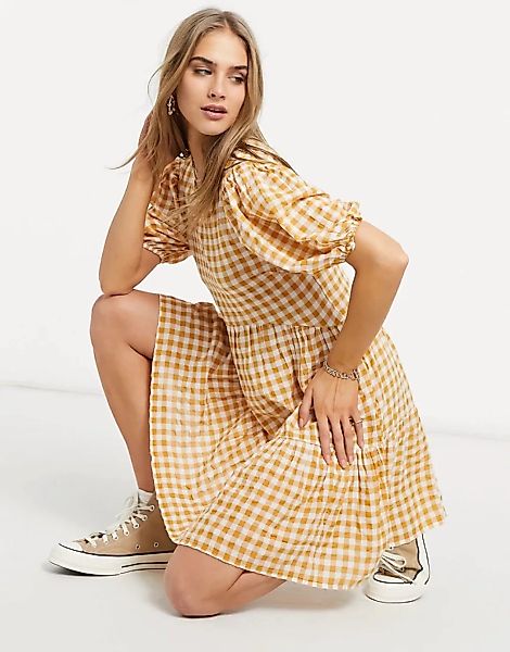 Warehouse – Abgestuftes Minikleid mit Vichymuster in Gelb günstig online kaufen