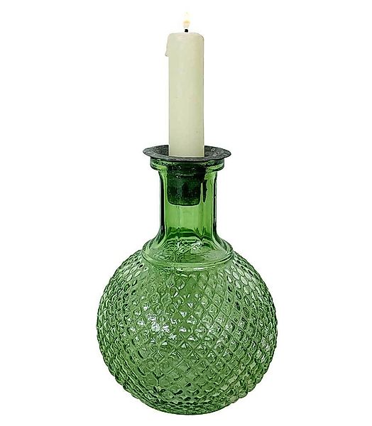 Vase Glas Hellgrün mit Kerzenhalteraufsatz Zink Flaschenaufsatz Vintage H 1 günstig online kaufen