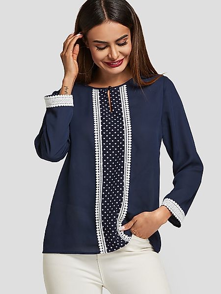 Marineblaue gepunktete Bluse mit Rundhalsausschnitt und langen Ärmeln günstig online kaufen