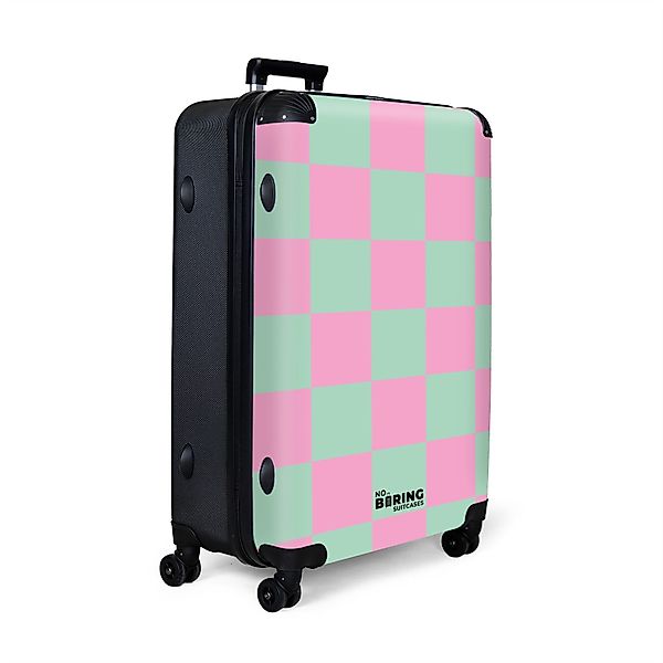NoBoringSuitcases.com© Hartschalen-Trolley Rosa mit türkisem Schachbrettmus günstig online kaufen