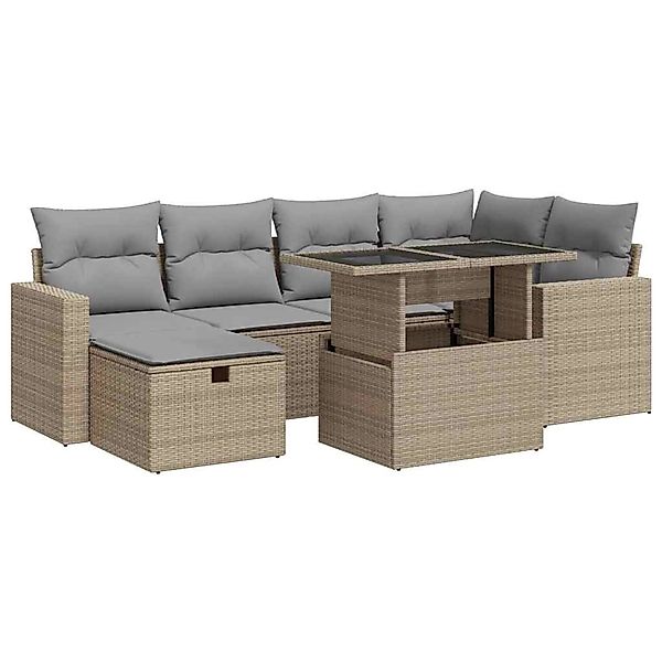 vidaXL 7-Tlg Garten-Sofagarnitur mit Kissen Beige Poly Rattan 3327819 günstig online kaufen