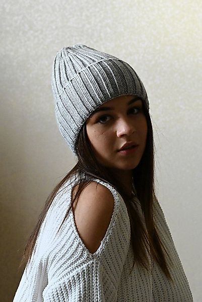 Runde Perlé Beanie warme Wintermütze 100% Merinowolle grau Beanie aus reine günstig online kaufen