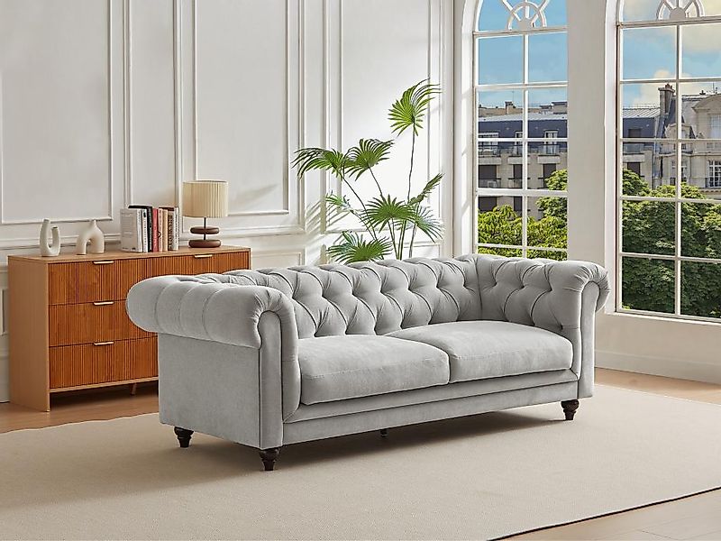 Chesterfield Sofa 3-Sitzer - Stoff - Hellgrau - CRONEL günstig online kaufen