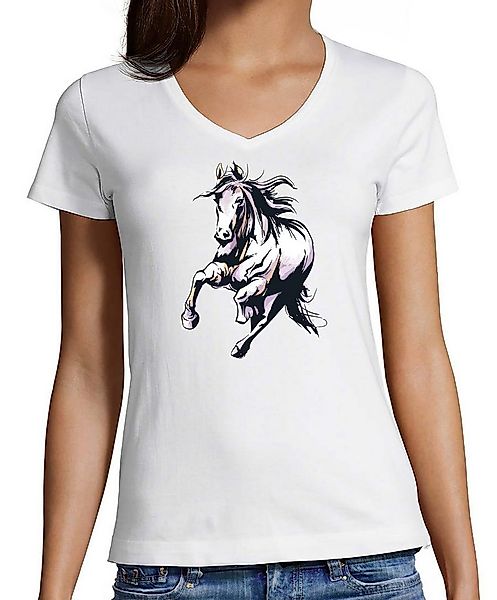 MyDesign24 T-Shirt Damen Pferde Print Shirt - Rennendes Pferd V-Ausschnitt günstig online kaufen