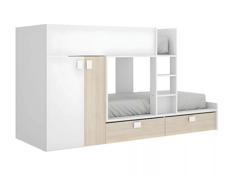 Etagenbett mit Kleiderschrank - 2x 90 x 190 cm - Weiß & Naturfarben - JUANI günstig online kaufen