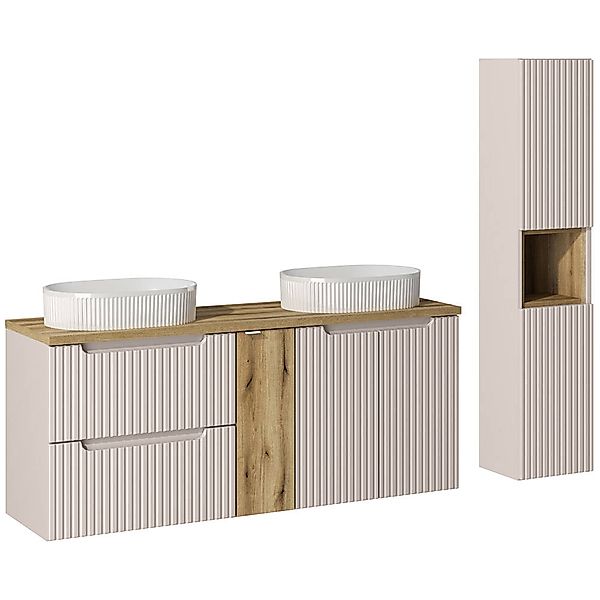 Badmöbel Set 2-teilig mit 140cm Doppelwaschtisch, kaschmir und Eiche, NEWPO günstig online kaufen
