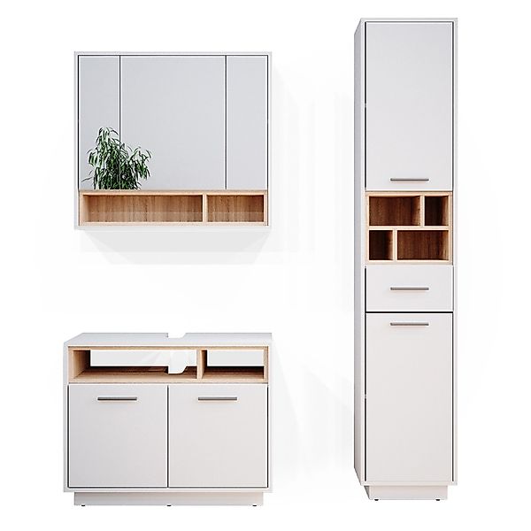 Vicco Badmöbel-Set Beatrice Weiß/Sonoma 3 Teile mit Hochschrank günstig online kaufen