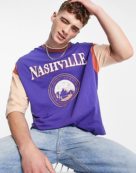 ASOS DESIGN – Oversized T-Shirt mit Farbblockdesign in Marineblau und „Nash günstig online kaufen