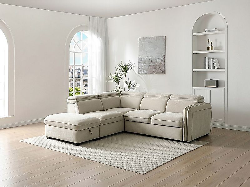 Ecksofa mit Schlaffunktion und Hocker - Stoff - Beige - BALOTIA günstig online kaufen