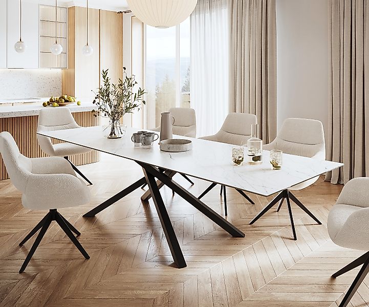 Esstisch Edge 300x100cm Keramik Laminam® Statuarietto Weiß Mittelfuß Kreuz günstig online kaufen