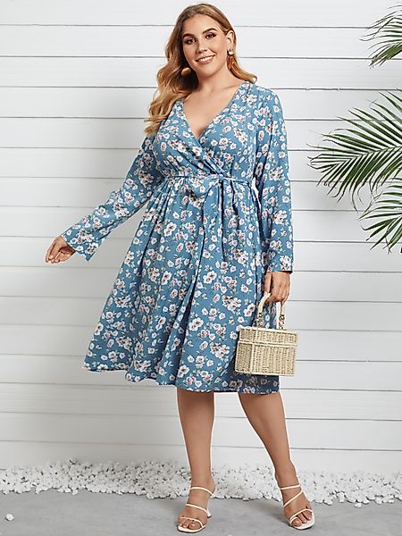 YOINS Plus Größe V-Ausschnitt Blumendruck Gürtel Design Lange Ärmel Kleid günstig online kaufen