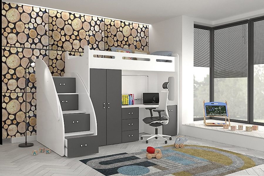 AJKmeble Hochbett Etagenbett 80x200cm mit Treppe, Schrank und Schreibtisch günstig online kaufen