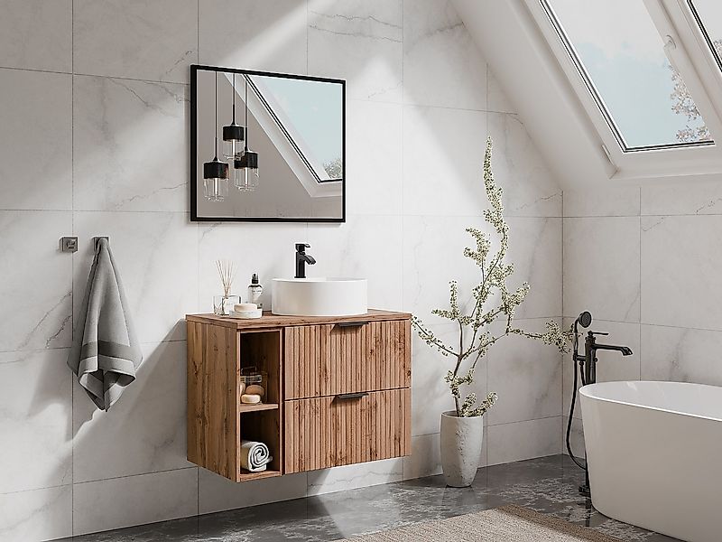 Waschbeckenunterschrank hängend mit Ablagen & Aufsatzwaschbecken rund - Str günstig online kaufen