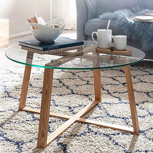 Runder Sofa Tisch mit Glasplatte Massivholz Bügelgestell günstig online kaufen