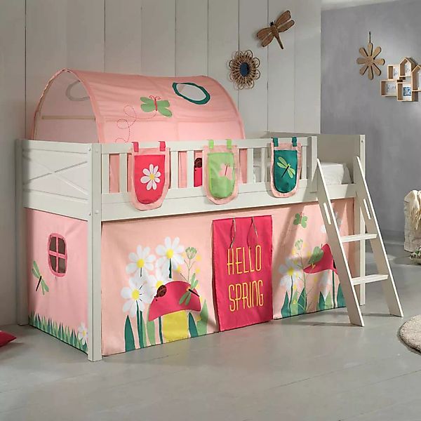 Kinderzimmerbett bunt aus Kiefer Massivholz Blumen Motiv günstig online kaufen