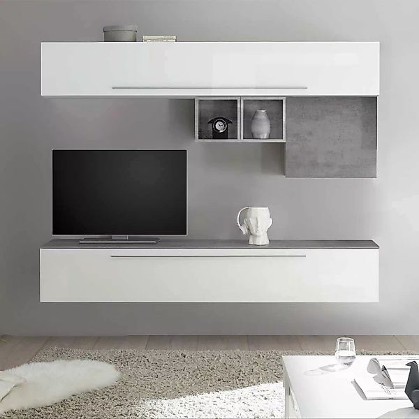 TV Wohnwand in Beton Grau Weiß Hochglanz (fünfteilig) günstig online kaufen