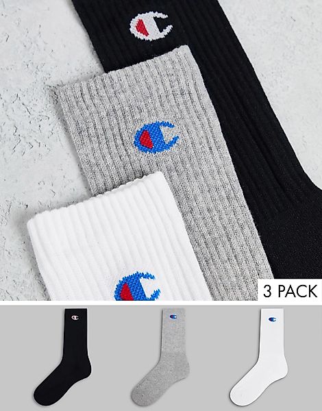 Champion – Sportsocken mit Logo im 3er-Pack in Weiß, Grau, Schwarz-Mehrfarb günstig online kaufen