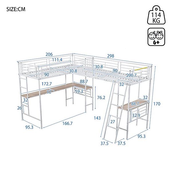 TavilaEcon Hochbett Zwei Etagenbetten mit Bett-unter-Tisch-Design (ohne Mat günstig online kaufen