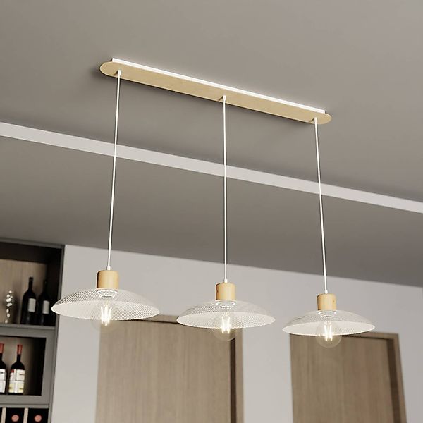 Hängeleuchte Kobe, dreiflammig, Stahl, Holz, weiß günstig online kaufen