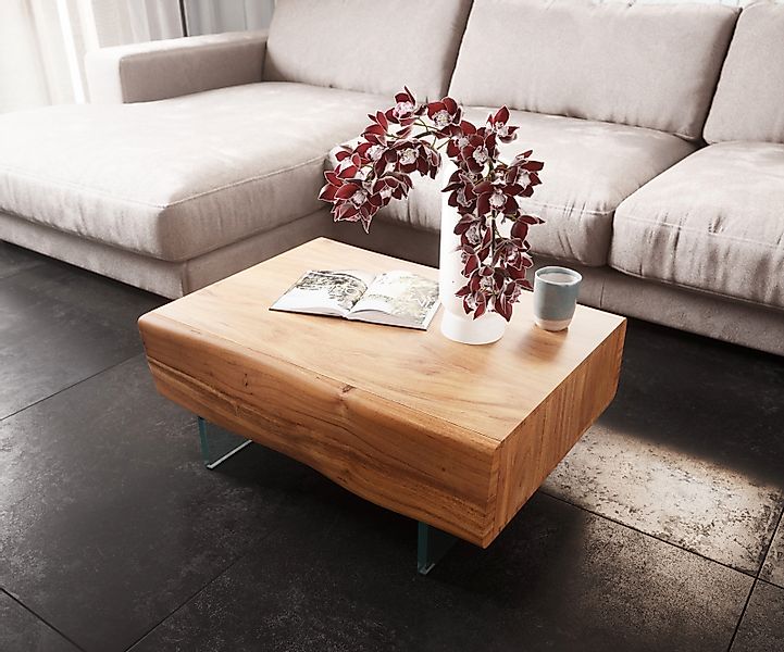 Couchtisch New Live-Edge 115x60 cm Akazie Natur 2 Schubladen 1 Fach Glasfuß günstig online kaufen