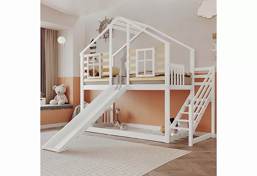 i@home Etagenbett Holzbett mit Treppe und Gitter, mit Rutsche und Fenster ( günstig online kaufen