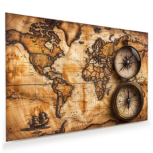 Primedeco Glasbild Wandbild Vintage Weltkarte Kompass günstig online kaufen