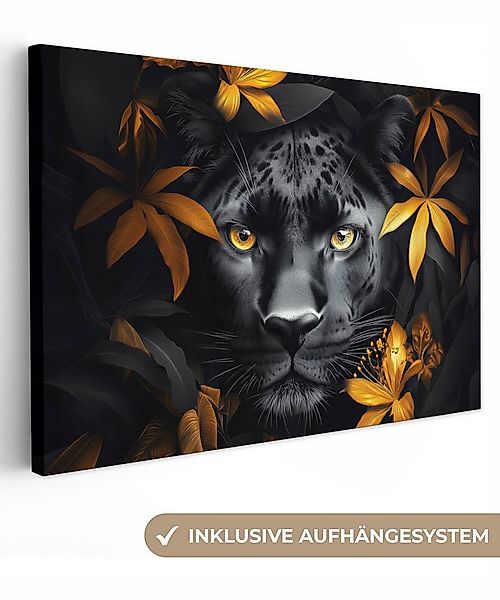 OneMillionCanvasses® Leinwandbild Schwarzer Panther - Blumen - Gold - Natur günstig online kaufen