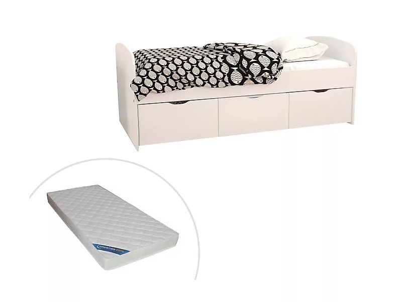 Bett mit 2 Schubladen & 1 Bettkasten + Matratze - 90 x 190 cm - Weiß - LOUA günstig online kaufen
