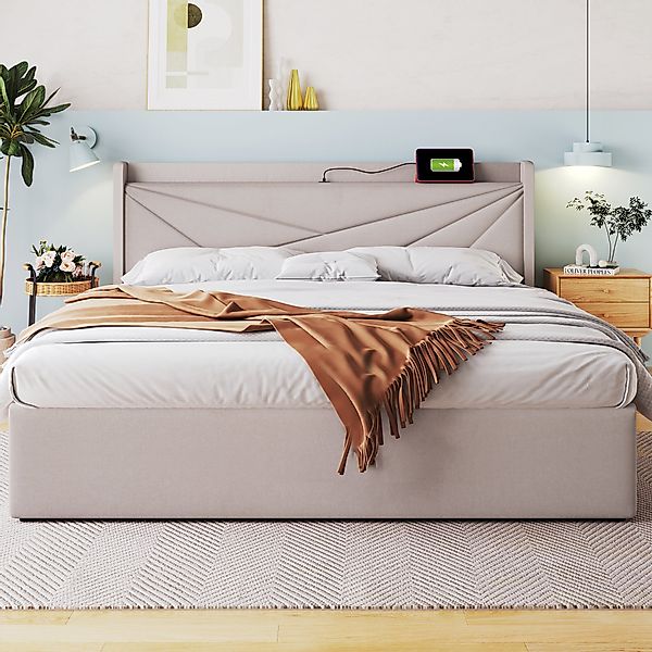 Doppelbett, mit Stauraum und USB-Typ-C-Ladefunktion, Staubdichter Stoff, Le günstig online kaufen