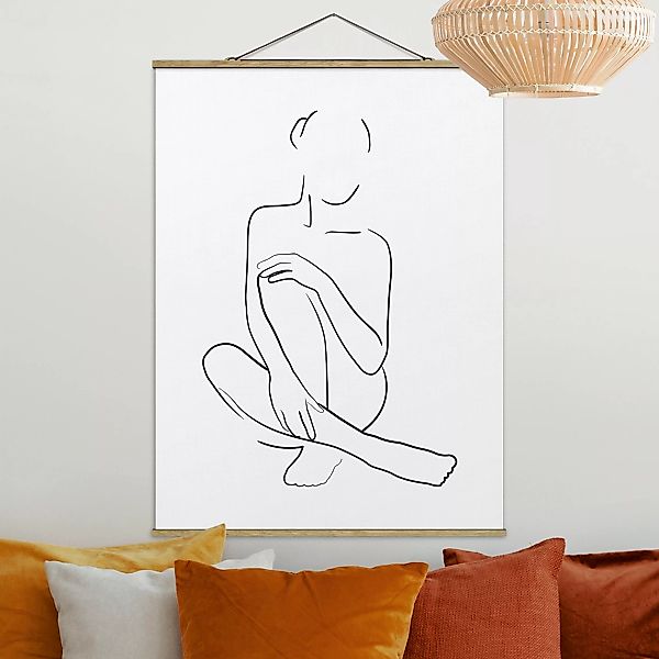 Stoffbild Abstrakt mit Posterleisten - Hochformat Line Art Frau sitzt Schwa günstig online kaufen