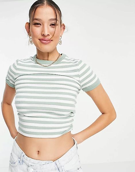 ASOS DESIGN – Schmal geschnittenes, geripptes T-Shirt in Grün und Weiß gest günstig online kaufen