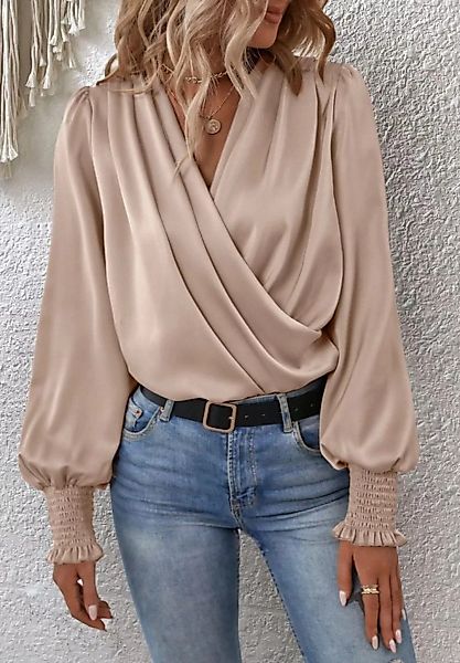 Opspring Satinbluse Damen V-Ausschnitt Bluse Elegant bluse Laterne Langarm günstig online kaufen