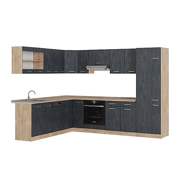 Vicco R-Line Einbauküche in L-Form Schwarz Beton/Goldkraft Eiche 227 x 287 günstig online kaufen