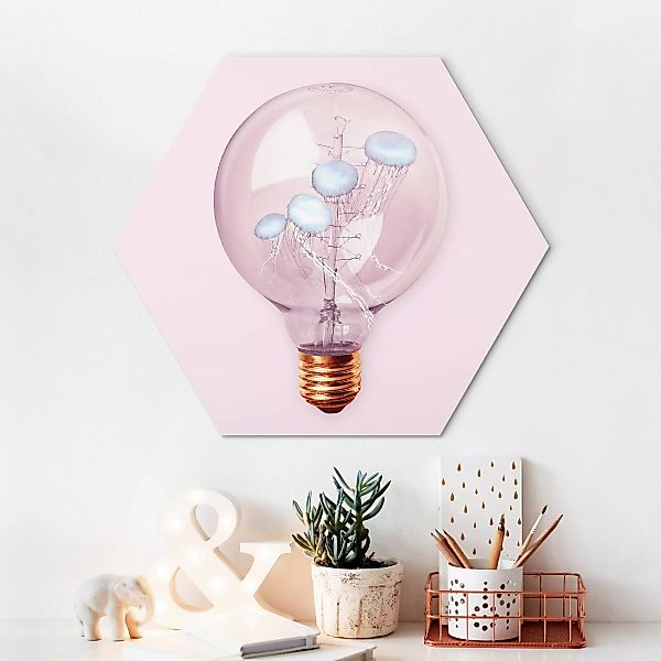 Hexagon-Alu-Dibond Bild Glühbirne mit Quallen günstig online kaufen