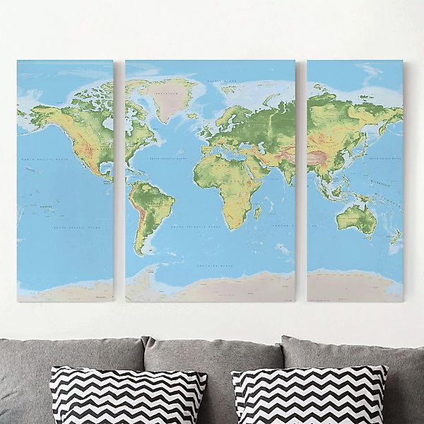 3-teiliges Leinwandbild Weltkarte - Querformat Physische Weltkarte günstig online kaufen