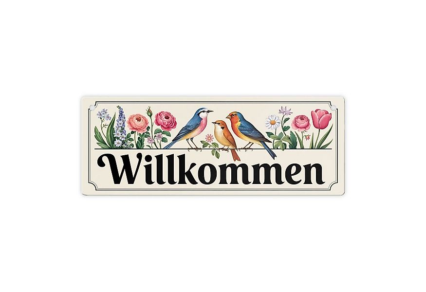 speecheese Metallschild Vögel und Blumen Willkommen Metallschild - Frühling günstig online kaufen
