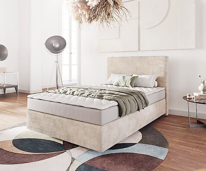 Boxspringbett Dream-Well 120x200 cm Cord Beige mit Matratze und Topper günstig online kaufen
