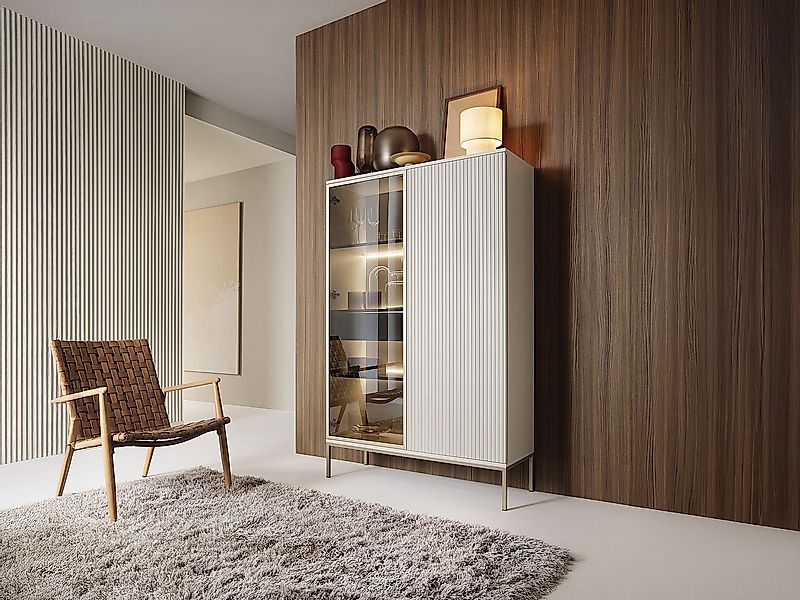 Vitrinenschrank - 2 Türen & 1 Schublade - mit LED-Beleuchtung - MDF & Rauch günstig online kaufen