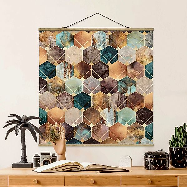 Stoffbild Abstrakt mit Posterleisten - Quadrat Türkise Geometrie goldenes A günstig online kaufen