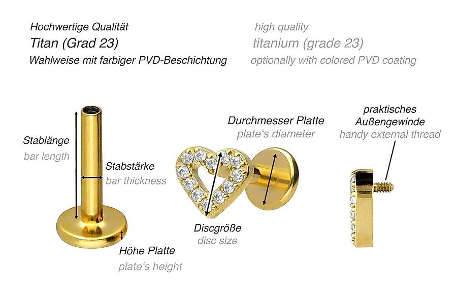 PIERCINGLINE Piercing-Set Titan Labret mit Innengewinde KRISTALLHERZ (Labre günstig online kaufen