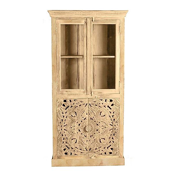 Standvitrine aus Mangoholz Sandfarben massiv Vintage Design günstig online kaufen