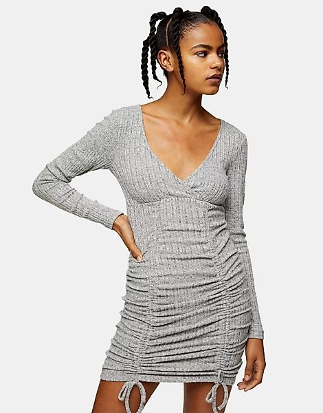 Topshop – Mini-Wickelkleid mit Raffung in Grau günstig online kaufen