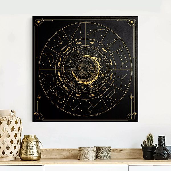 Leinwandbild Gold Astrologie Mond und Sternzeichen Schwarz günstig online kaufen