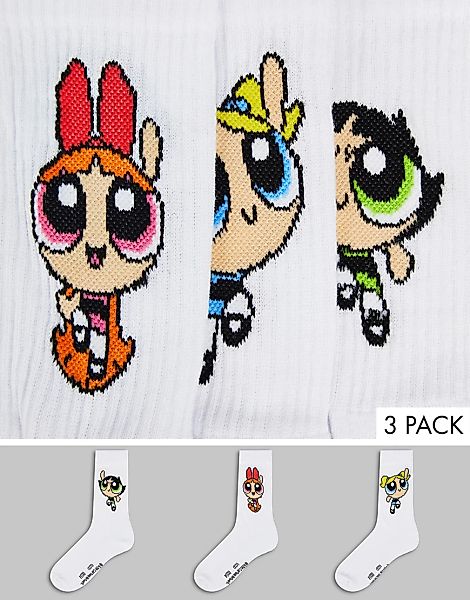 ASOS DESIGN – 3er-Pack mit „Powerpuff Girls“ bedruckte Sportsocken-Weiß günstig online kaufen