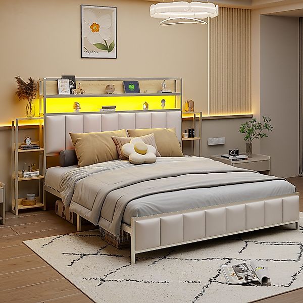 Flieks Metallbett, LED Kunstleder-Polsterbett Doppelbett 160x200cm günstig online kaufen